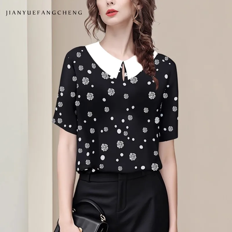 

Fashion Peter Pan Collar Womens Short Sleeve Polka Dots & Florals Knit Top Soft And Elastic Summer Casual Blouses