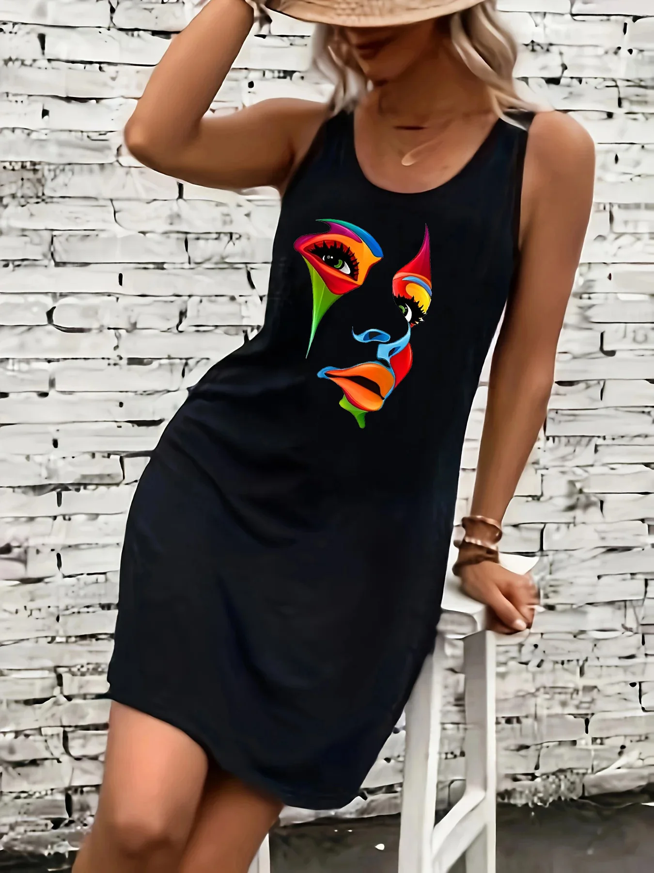 Women's Summer Loose and Comfortable Casual Color Portrait Pattern Print Black Sleeveless Vest Skirt Punk Style Dress