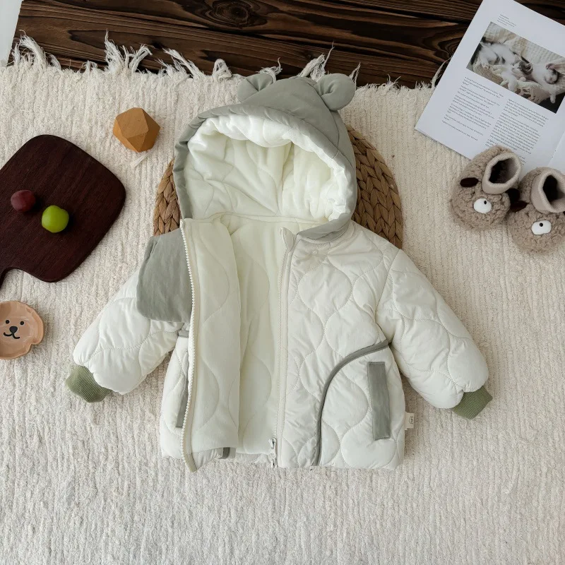 2024 Winter Korean Baby Boys Parkas Cotton Quilted Hooded Cartoon Thickened Infant Boys Jacket Toddler Boys Outerwears Coat