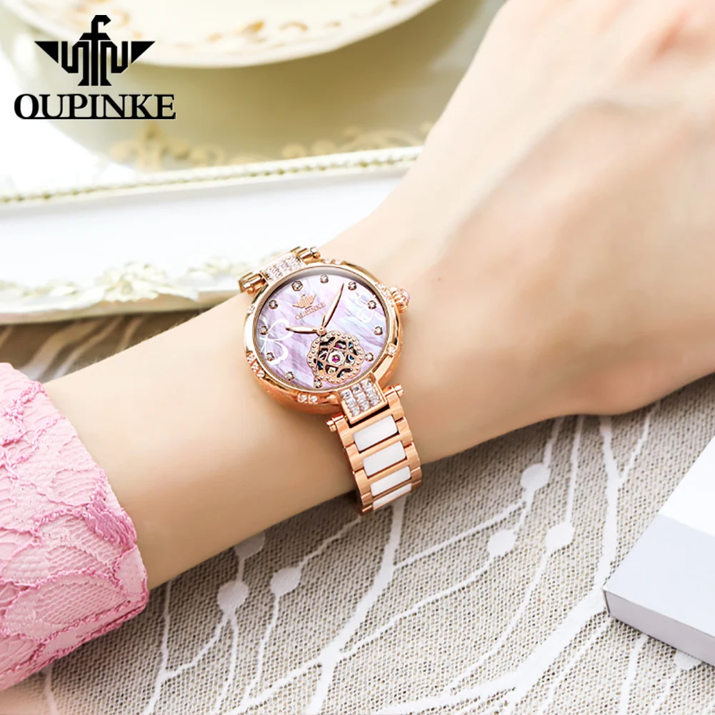 OUPINKE 3183 Women Watch Luxury Hollow Elegant Diamond Rose Gold Ceramic Strap Women All Automatic Mechanical Watch Reloj Mujer