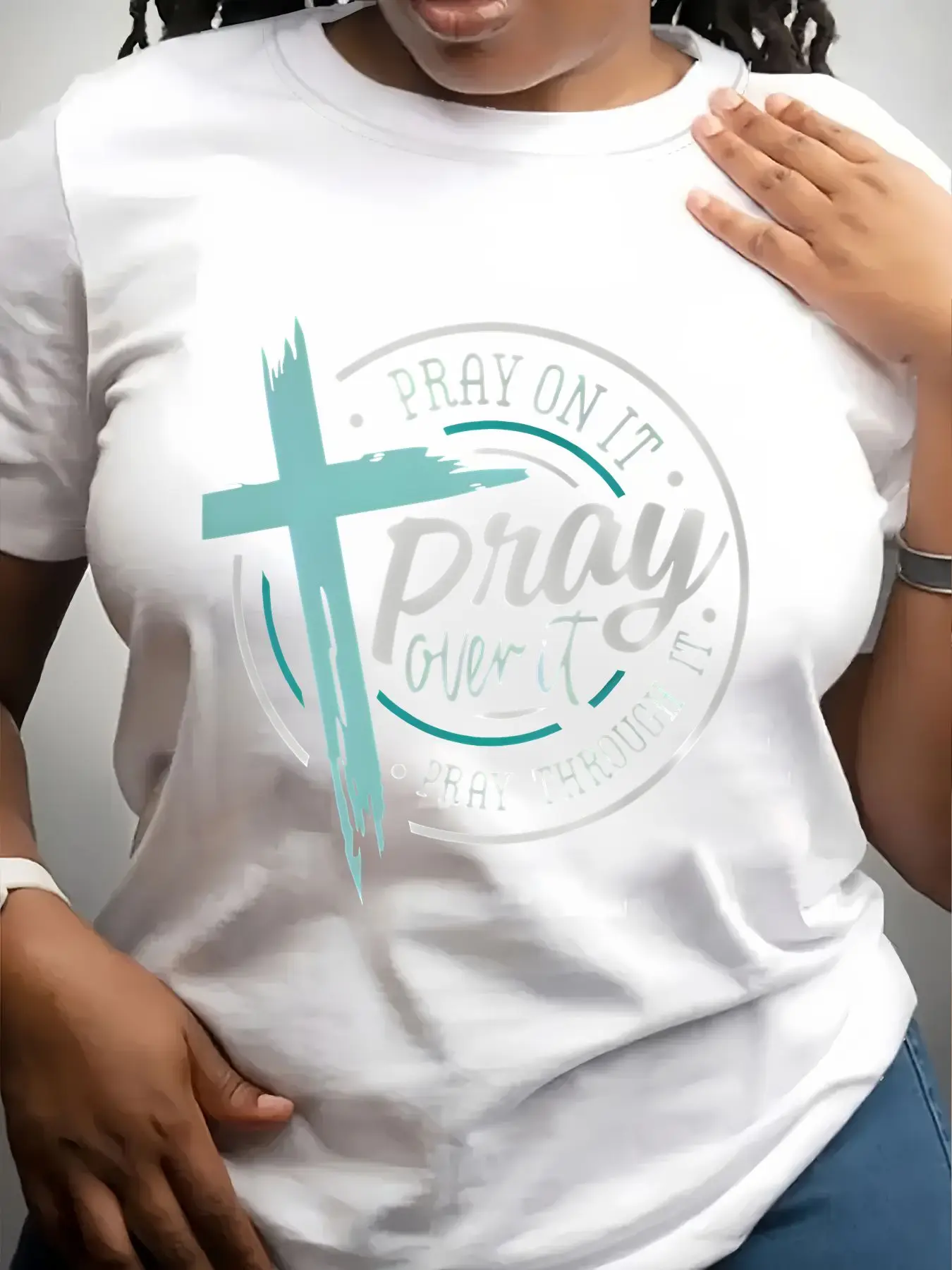 Women's Trendy Crew Neck T-Shirt Teal Cross Pray on It Suitable for Casual Sportswear