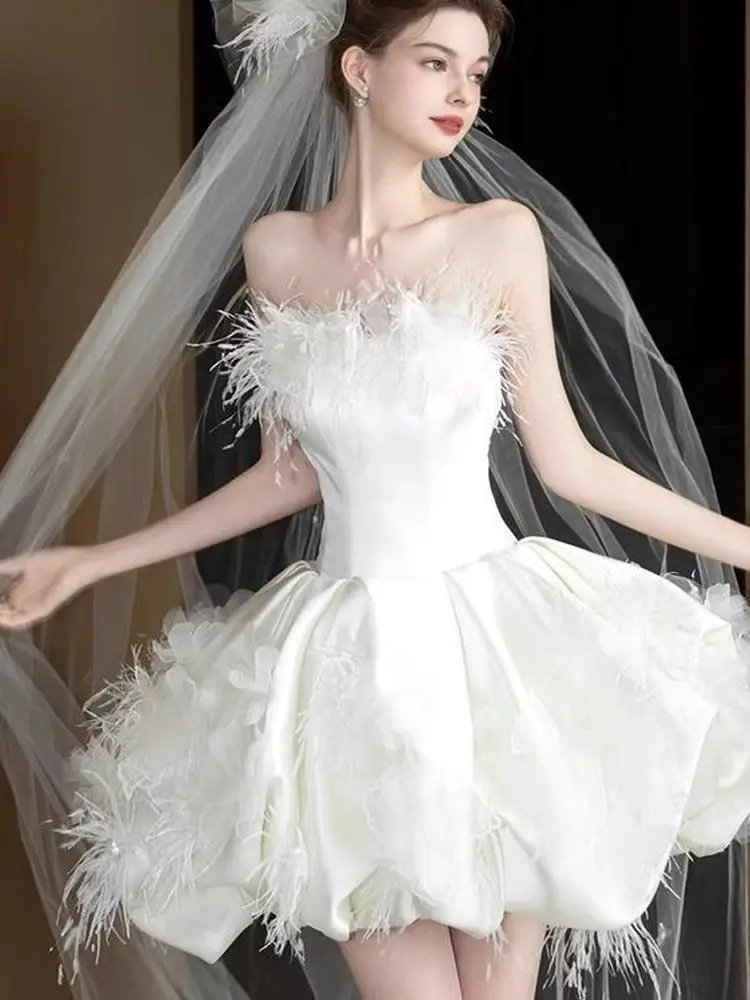 

Легкое атласное свадебное платье, бальное платье принцессы для дня рождения, вечернее платье без бретелек, короткая юбка в корейском стиле без рукавов