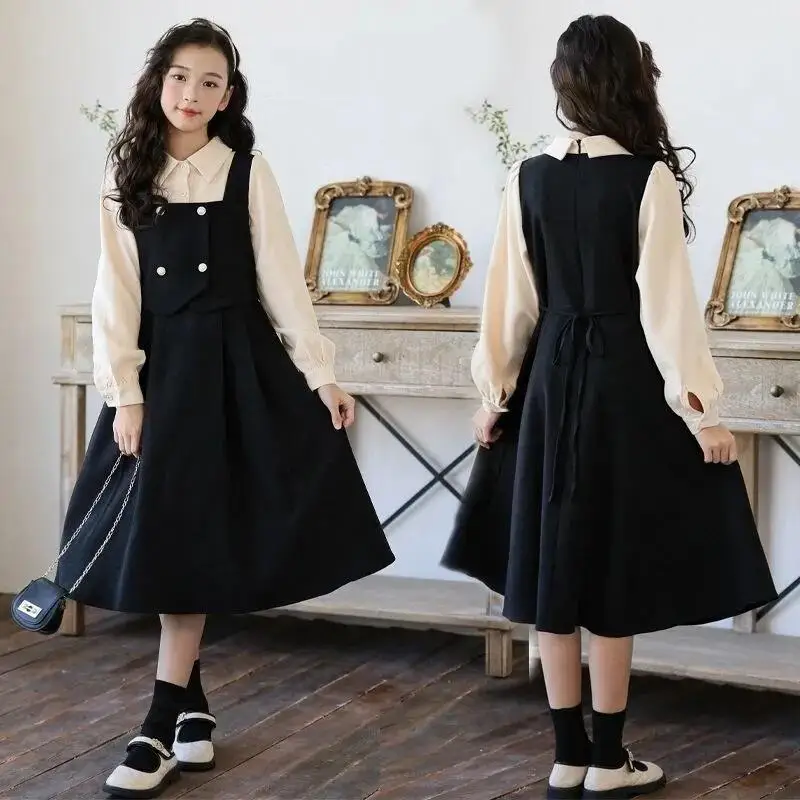 Urocze dziewczęce bluzki i sukienki w stylu kawaii, studenckie, na wiosnę i jesień, codzienne koszule z kołnierzykiem, spódnice w kształcie litery A, imitacja dwuczęściowej odzieży dziecięcej.