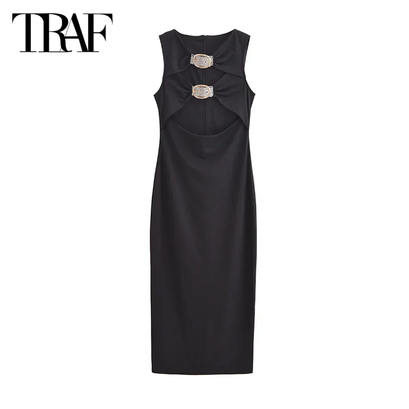 TRAF Women's Black Long Dresses 2024 Winter Elegant Party Evening Midi Dresses Ladies Fashion Casual Sleeveless Dress Vestidos