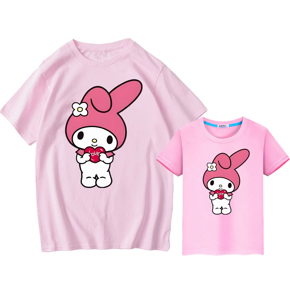 Sanrio Print Matching Clothes for Kids, camiseta curta para mamãe e filha, 100% algodão, tops fofos para meninos e meninas, presente anime, Y2K, verão