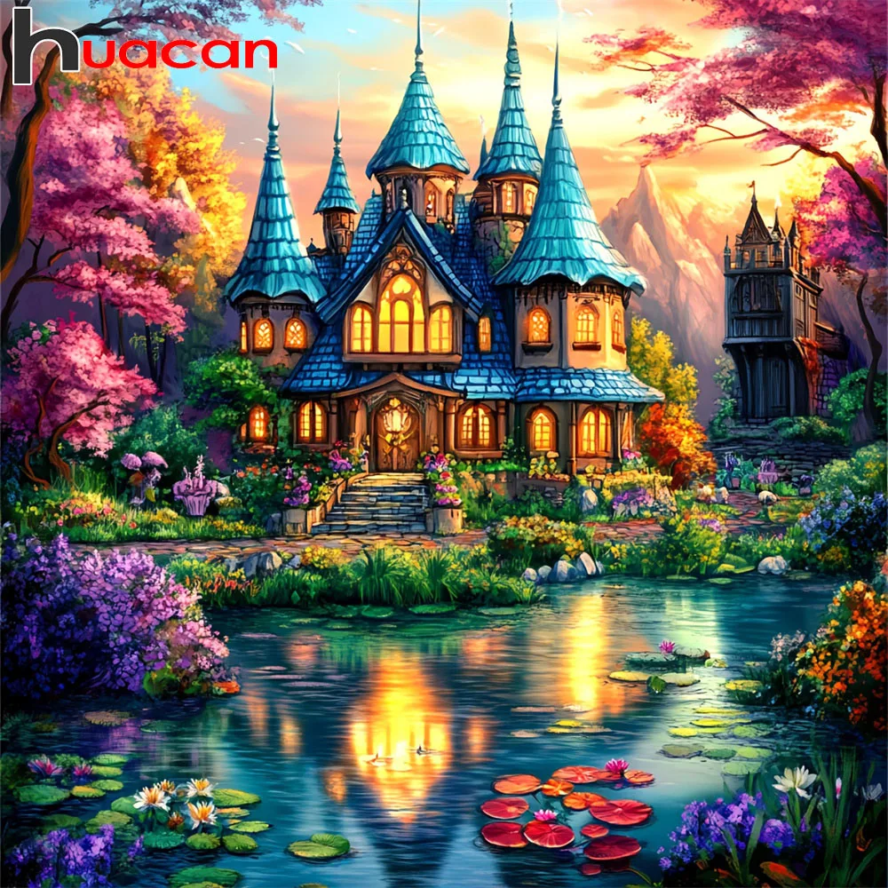 Huacan Neue 5D Diamant-Malerei Schloss Fluss Blumen Diamant-Stickerei Landschaft Komplette Heimdekoration