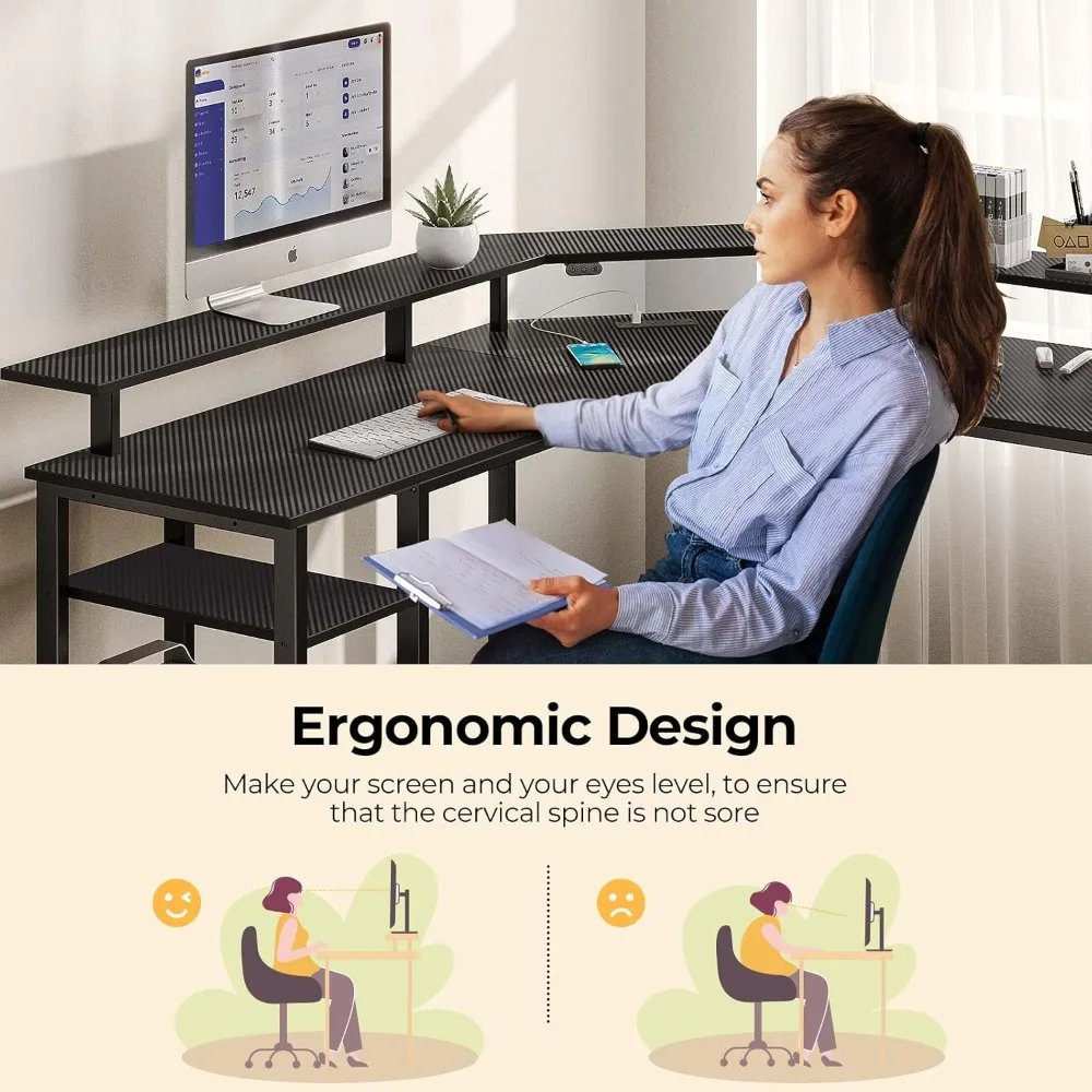 L-Shaped Gaming Desk with LED Lighting and Power Outlets, 46.2-inch Computer Desk featuring Full Monitor Stand and Storage Shelf