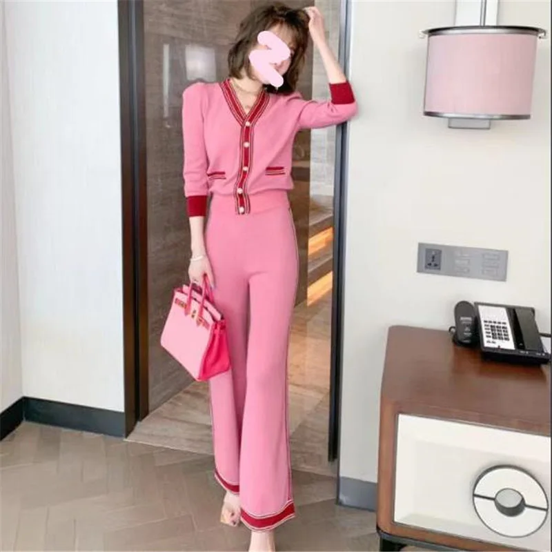 Fall Winter Elegant Knitted 2 Piece Sets V-neck Sweater Cadigan Coats Tops Ensemble Korea New Side Stripe High Wasit Pants Suits