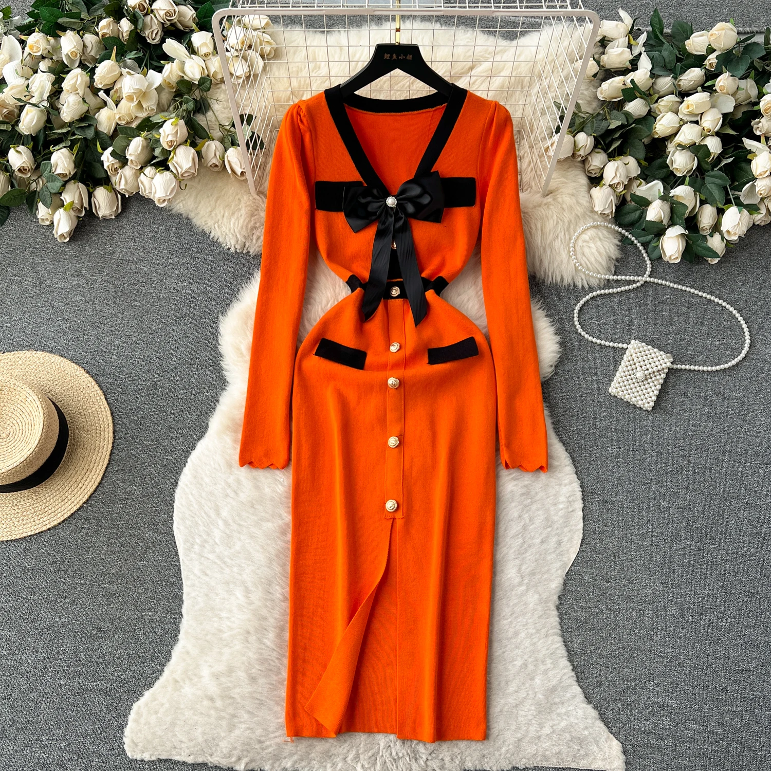 

Chic Elegant Bow Single Breasted V Neck Long Sleeve Bodycon Dress Fashion Knit Vestido Elastic Slim Autumn Winter Sweater Dress