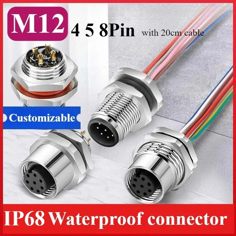 Waterproof M12 4 5 8 12 Pin Cable Connector IP68 Male Female Aviation Socket with 20CM Wire Open 12mm/16mm Panel Mount Sockets