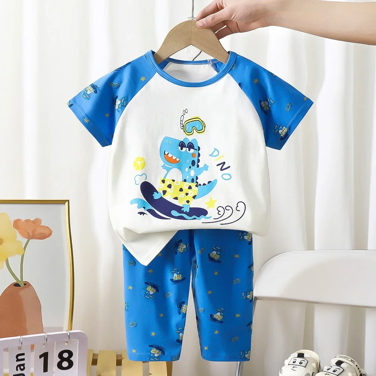 

New Boys Girls Cute Cartoon Short Sleeve T-Shirt Tops + Pants Kids Summer Thin Pure Cotton Clothing Sets Baby Casual Pajamas