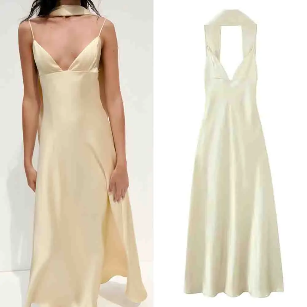

Women's 2025 New fashion thin scarf decorative slim satin texture suspended Midi dress retro backless lace up women's dress