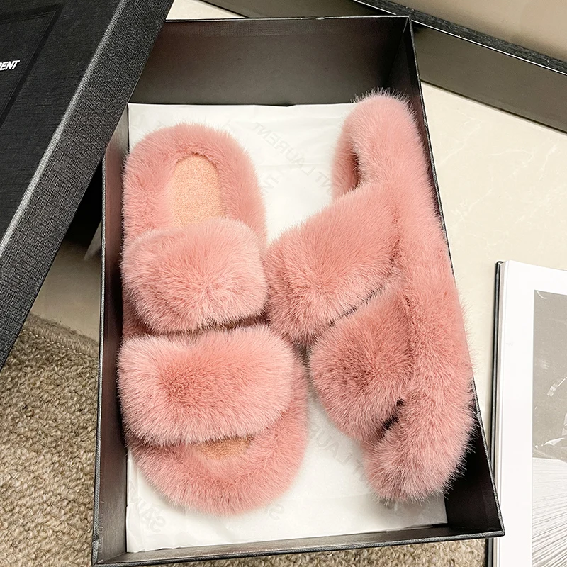 NEW Solid Color Women Winter House Furry Slippers Women Fluffy Fur Home Slides Flat Indoor Floor Shoes Ladies Fashion 2024