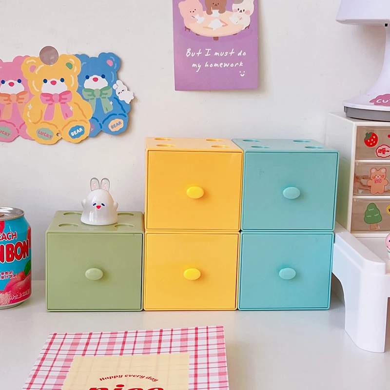 Pastel Square Storage Box Stackable Modular Drawer Organizer with Lid for Makeup Jewelry Desktop 9*9.2*8cm
