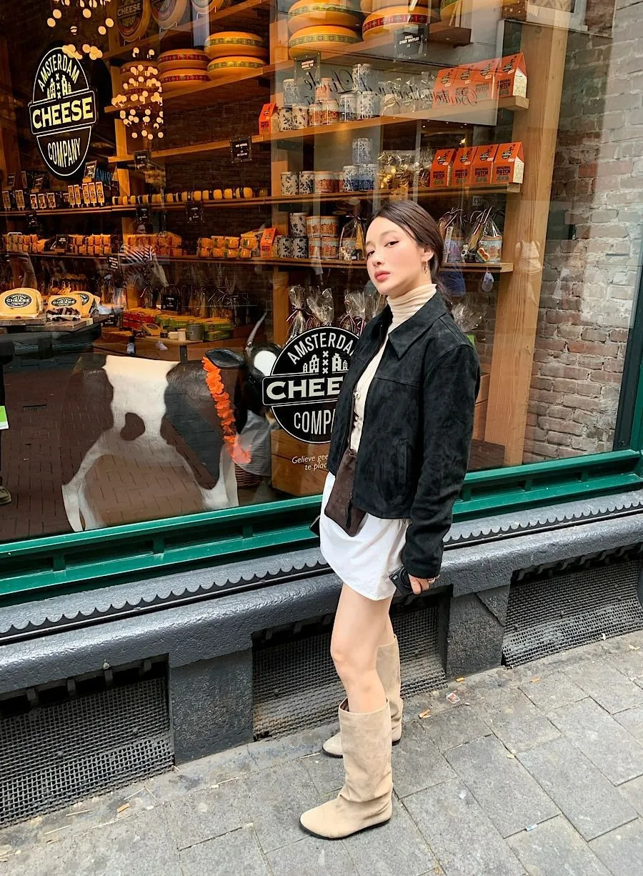 Koreanischer Chic 2026 Herbst Neuer Stil Stehkragen Kunstleder-Samt-Jacke mit Reißverschluss Coole Kurze Mantel-Oberteile für Damen – Detail 9