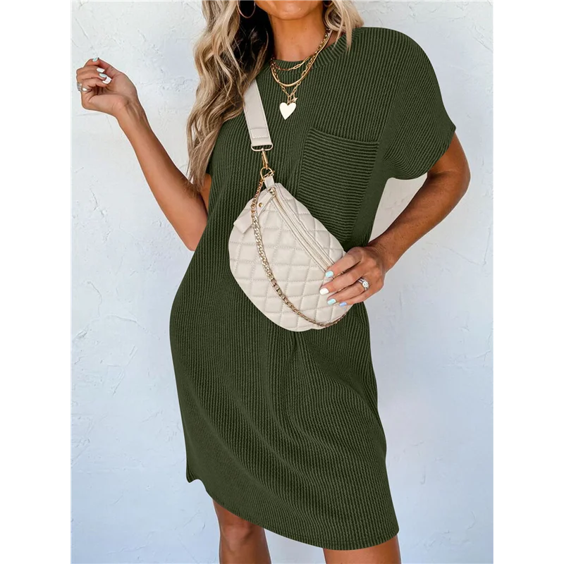 ASDS-Mini robe t-shirt côtelée à manches courtes et col rond pour femme, décontractée, été