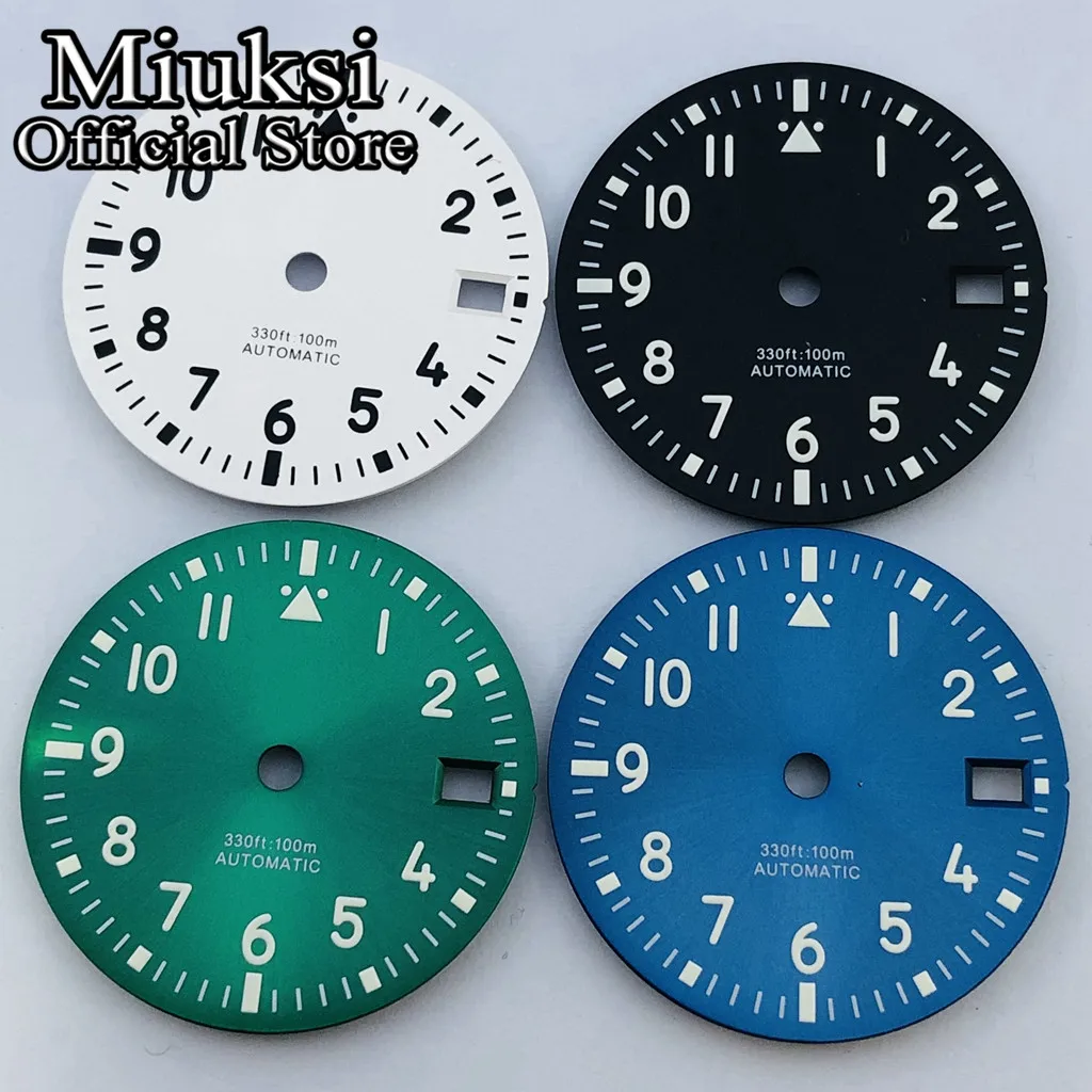 Miuksi 29mm black blue green white sterile watch dial luminous fit NH35 movement fit 3 o\'clock crown 3.8 o\'clock crown