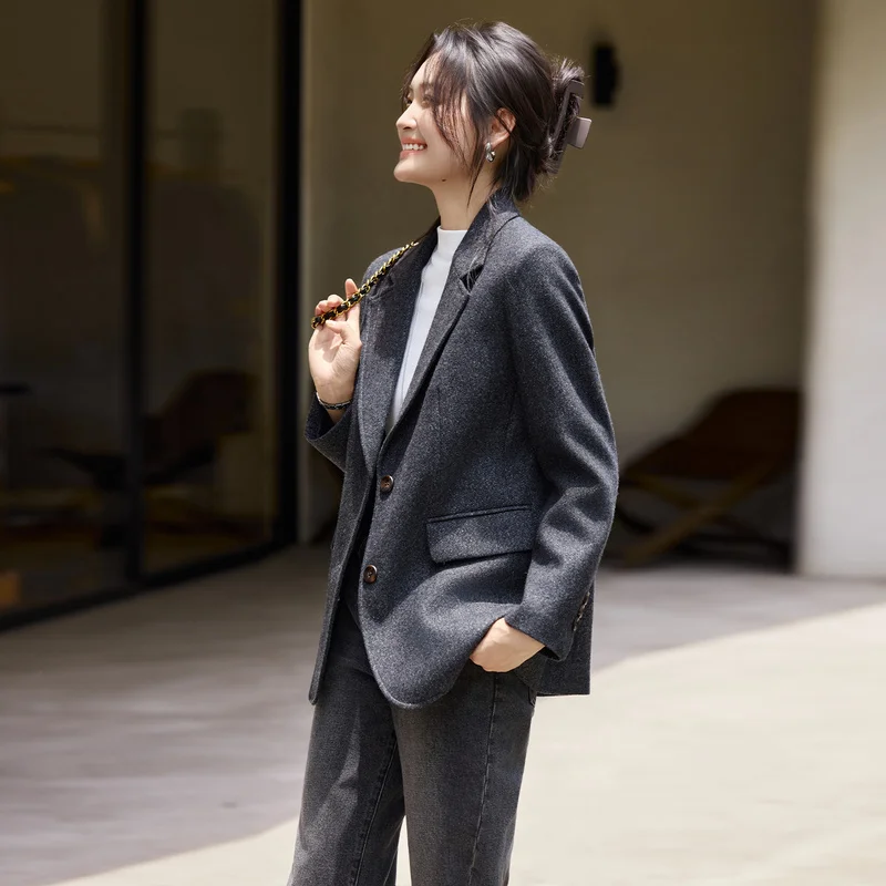 Women's High-Quality Coffee-Colored Wool Blazer plus Sizes Autumn/Winter Collection Fashionable And Stylish
