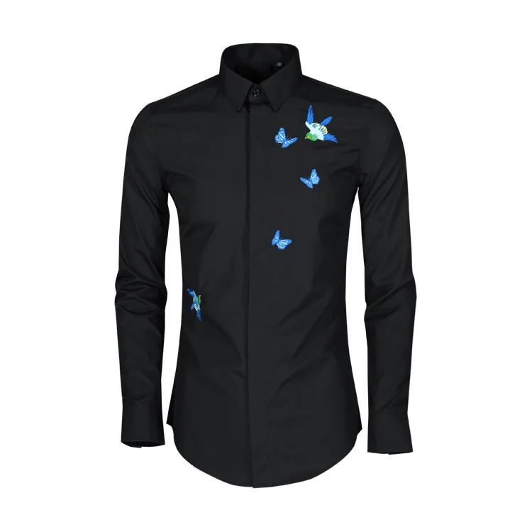 

2023 New Blue Flower Stereoscopic Embroidery Slim Fit Non iron Cotton Men's Long sleeved Shirt