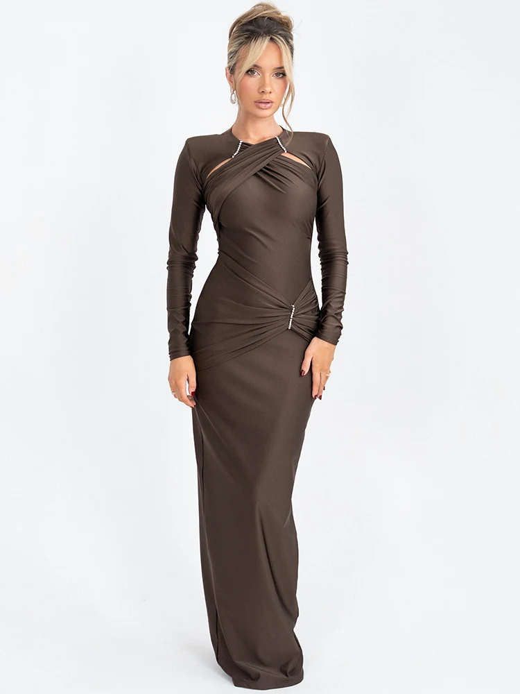 Mozision uitgehold sexy maxi-jurk met lange mouwen voor dames, mode, effen bodycon, ruches, clubavond, elegante lange jurk