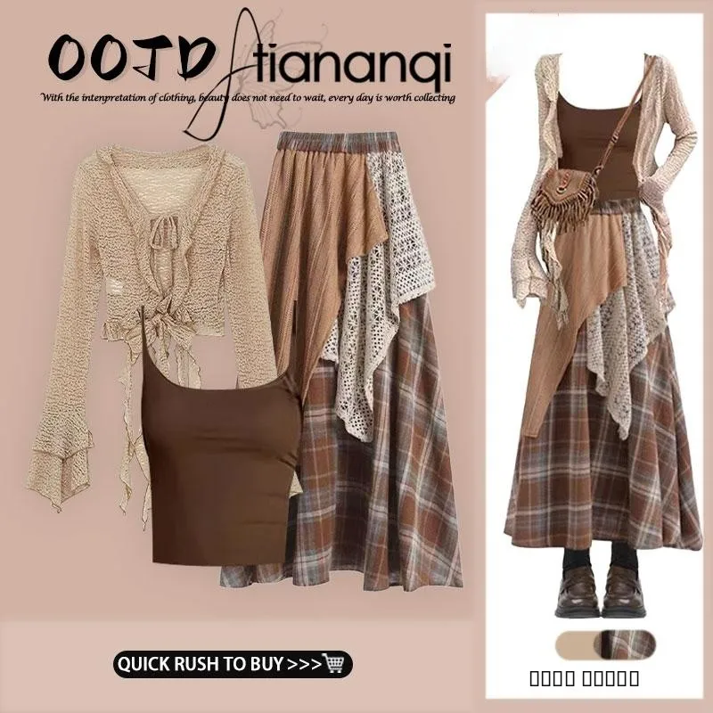 

Комплект из футболок n Sle, женская осенняя коллекция Faion, клетчатая юбка, кардиган, жилет на бретельках, лоскутный дизайн