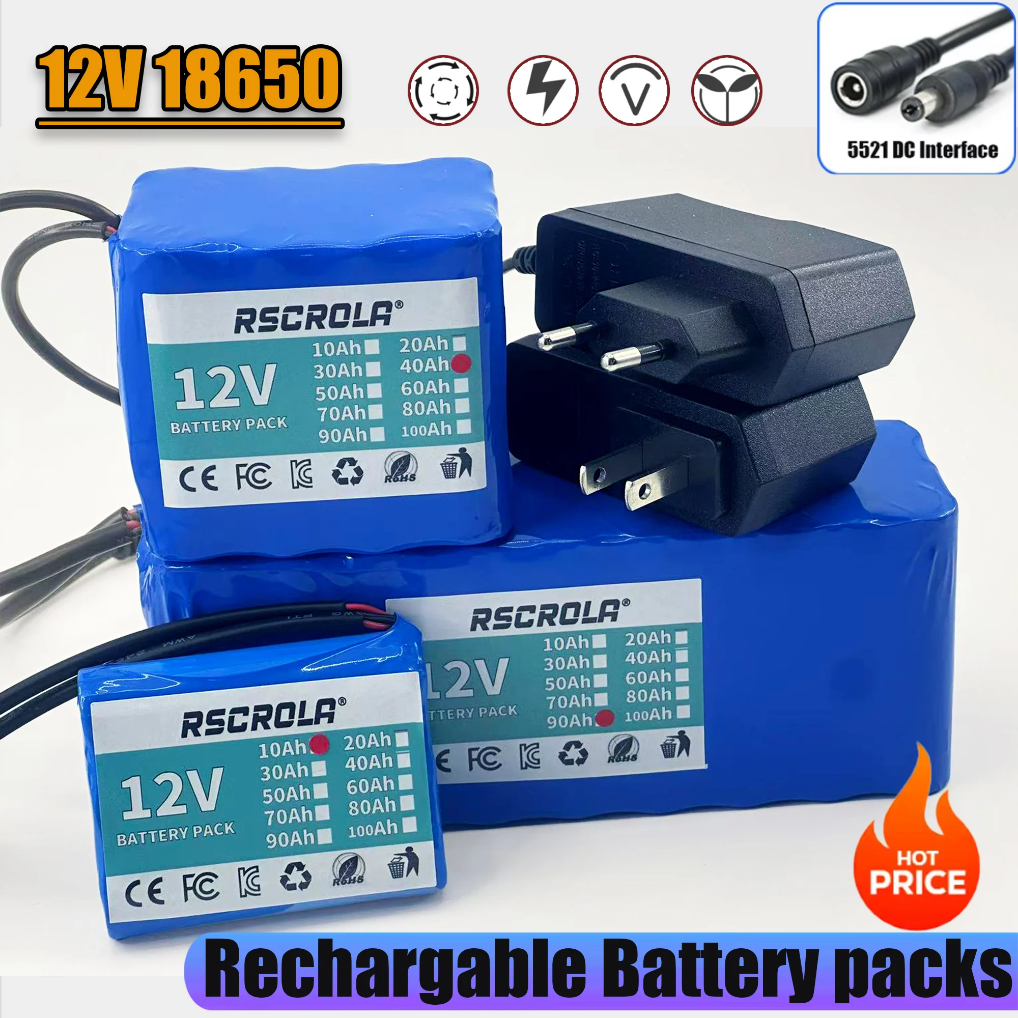 

12 В литиевый аккумулятор большой емкости, перезаряжаемая солнечная батарея для мониторинга звука, 12 В, мобильный источник питания, настройка