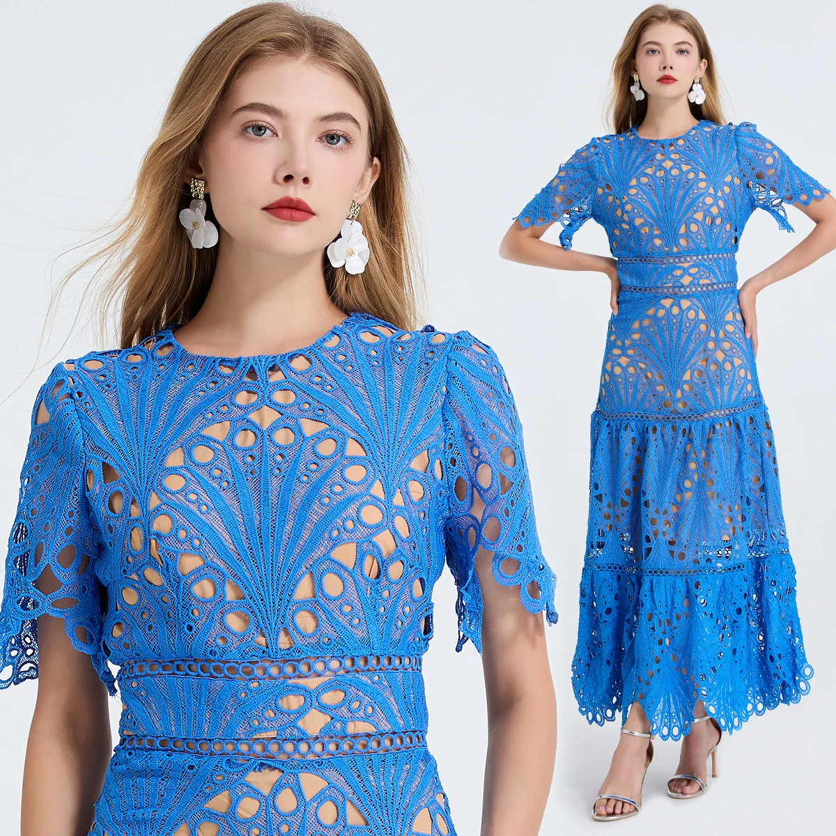 Abito arricciato con pannelli in pizzo scavato artigianale pesante di eleganza francese Gonna svasata a maniche corte a vita alta aderente