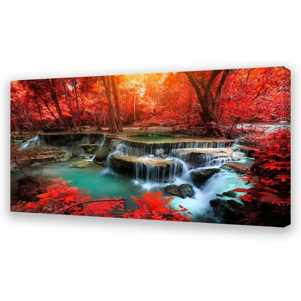 

Wall Art Decor Canvas Print Picture Red Forest Waterfalls 1 Piece Modern Landscape Tree for Living Room