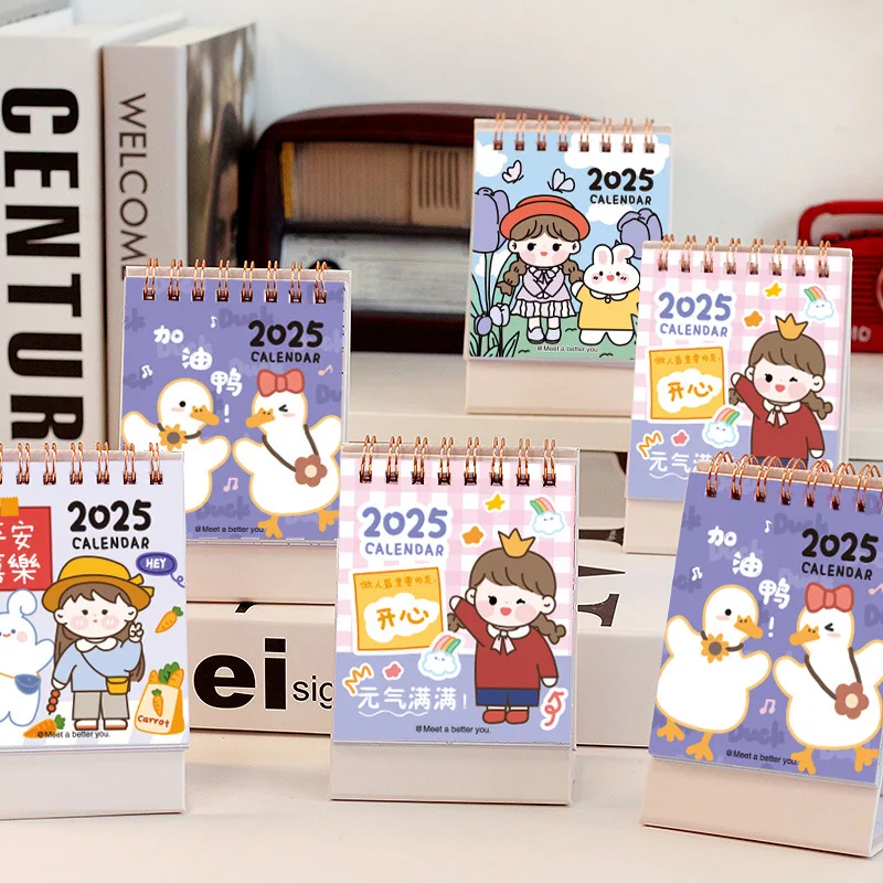 Mini-Cartoon-Kalender 2025, Kawaii-Tischkalender, stehend, Flip-Desktop-Kalender, kleiner Planer, Adventskalender