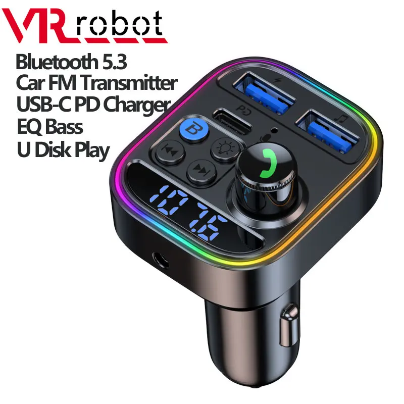 VR robot EQ Car FM Transmitter Bluetooth 5.3 MP3 Music Player 3.5MM Aux Wireless Car Kit with 30W PD Fast Charge U Disk play