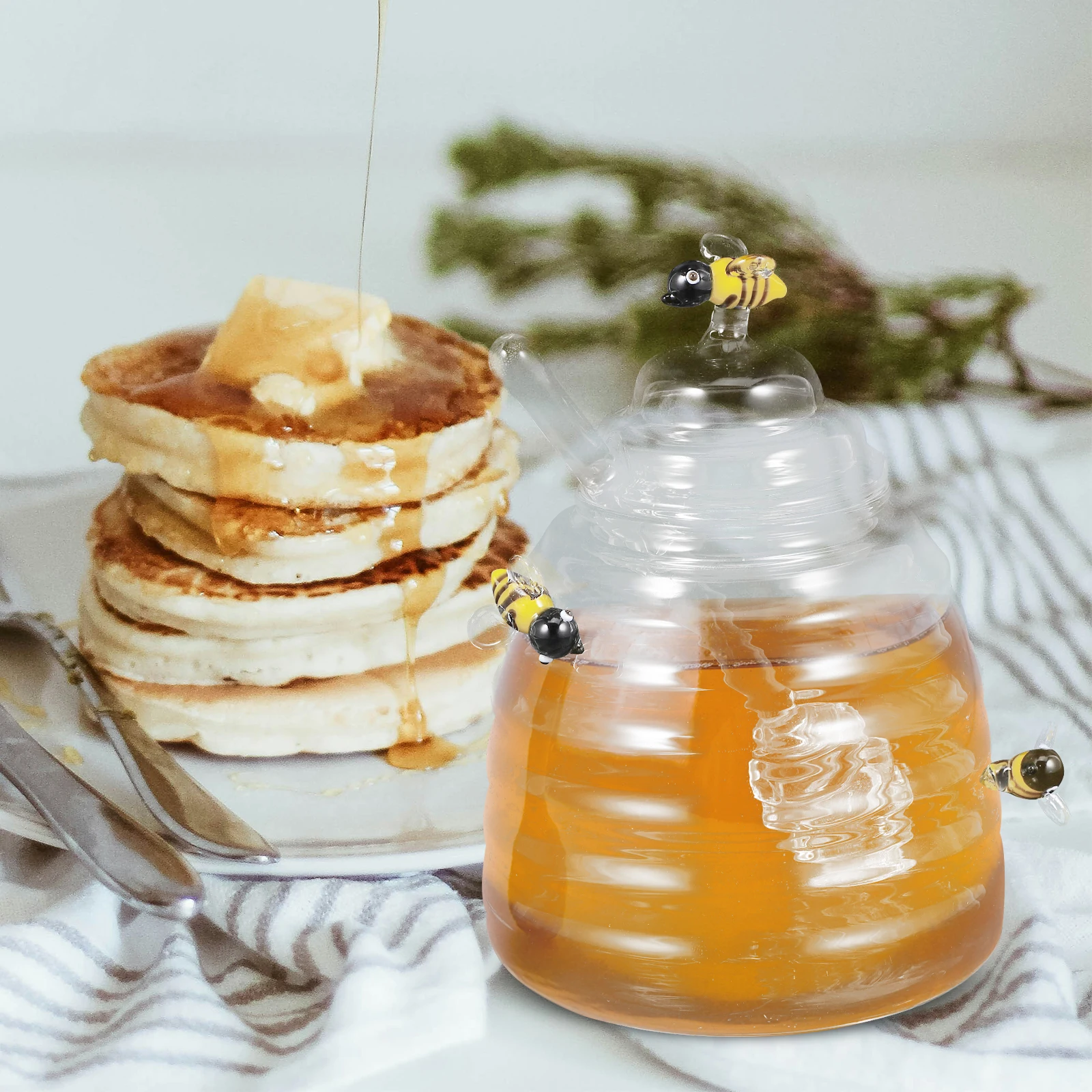 

1Set Clear Glass Honey Jar with Stirring Rod Ample Capacity Dispenser for Home Kitchen Decor Use Glass Honey Dispenser