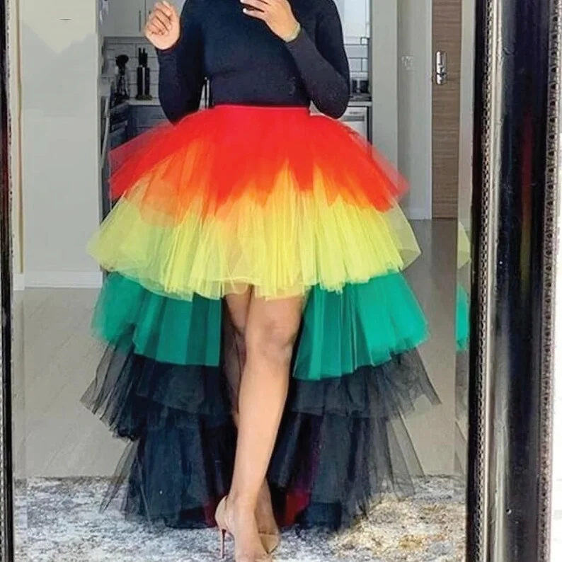 Ombre Pink Color Tulle Skirt High Fluffy Asymmetrical Long Party Skirts Women Custom Made Layered Tulle Tutu Skirt Fashion