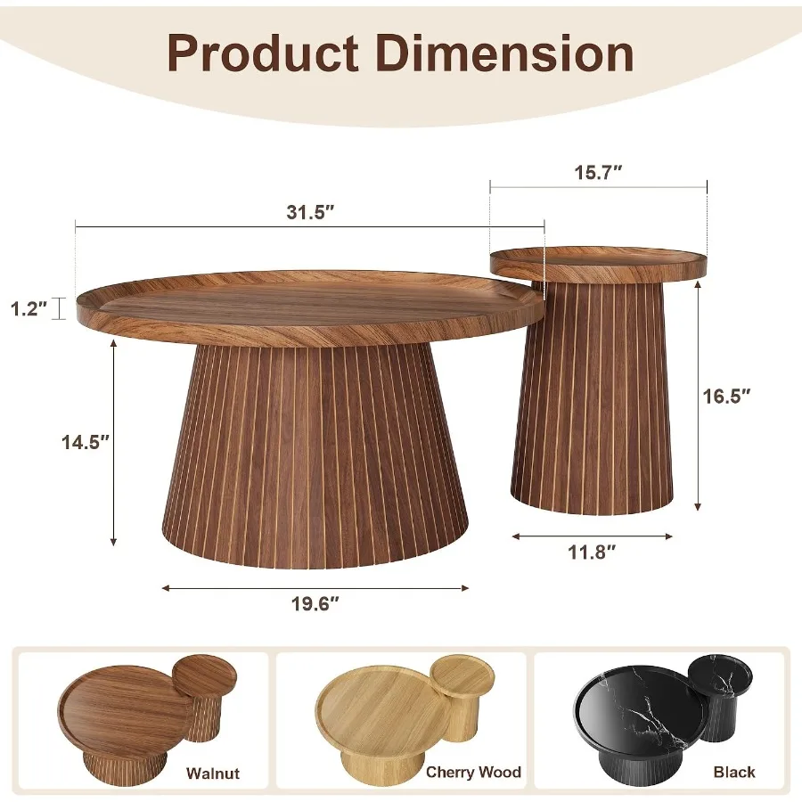 Nesting Coffee Table Set of 2 for Living Room, Solid Wood with Fluted Drum Design, Natural Oak Finish, Space-Saving Stackable F
