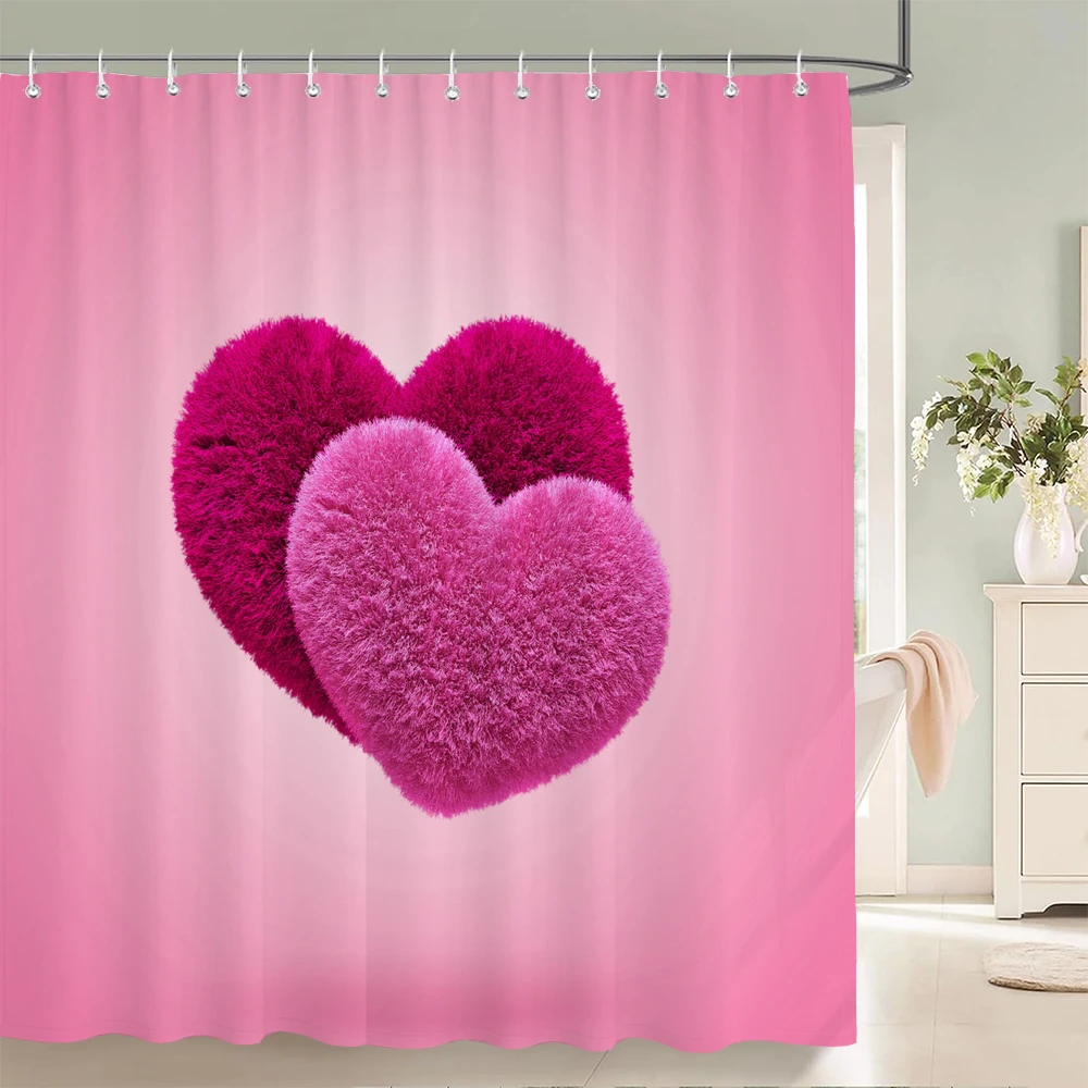 

1Pcs Pink love pattern waterproof shower curtain, modernist and romantic home bathroom decoration curtain, with hooks