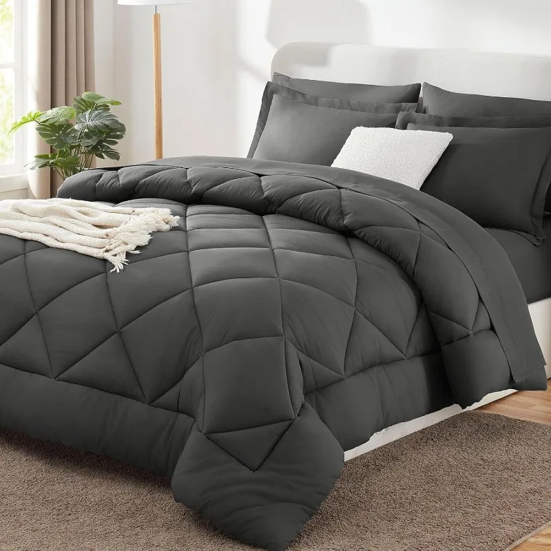 

Queen Bed in a Bag 7-Pieces Comforter Sets with Comforter and Sheets Dark Grey All Season Bedding Sets