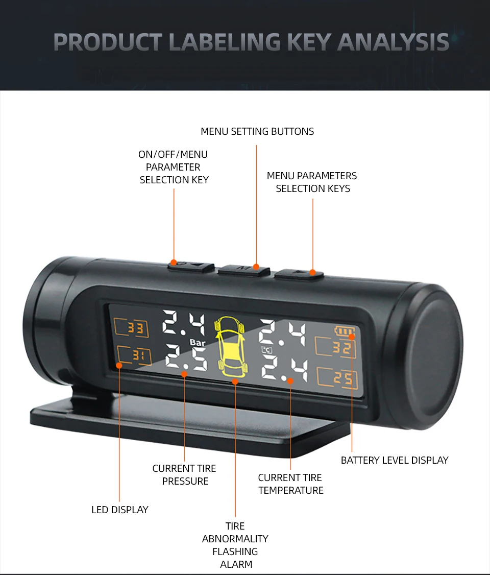 E-ACE 4-Sensor, TPMS, abnehmbarer Akku, kabellos, intelligente Erkennung, Reifendruckkontrollsystem, Sicherheitsalarm, LCD-Display – Detail 4