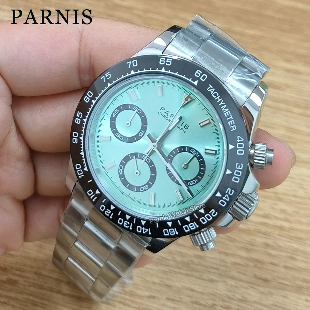 

Parnis 39mm Men Sport Chronograph Green Dial Black Bezel Watch Quartz VK63 Movement Wristwatch 24-hours Dial