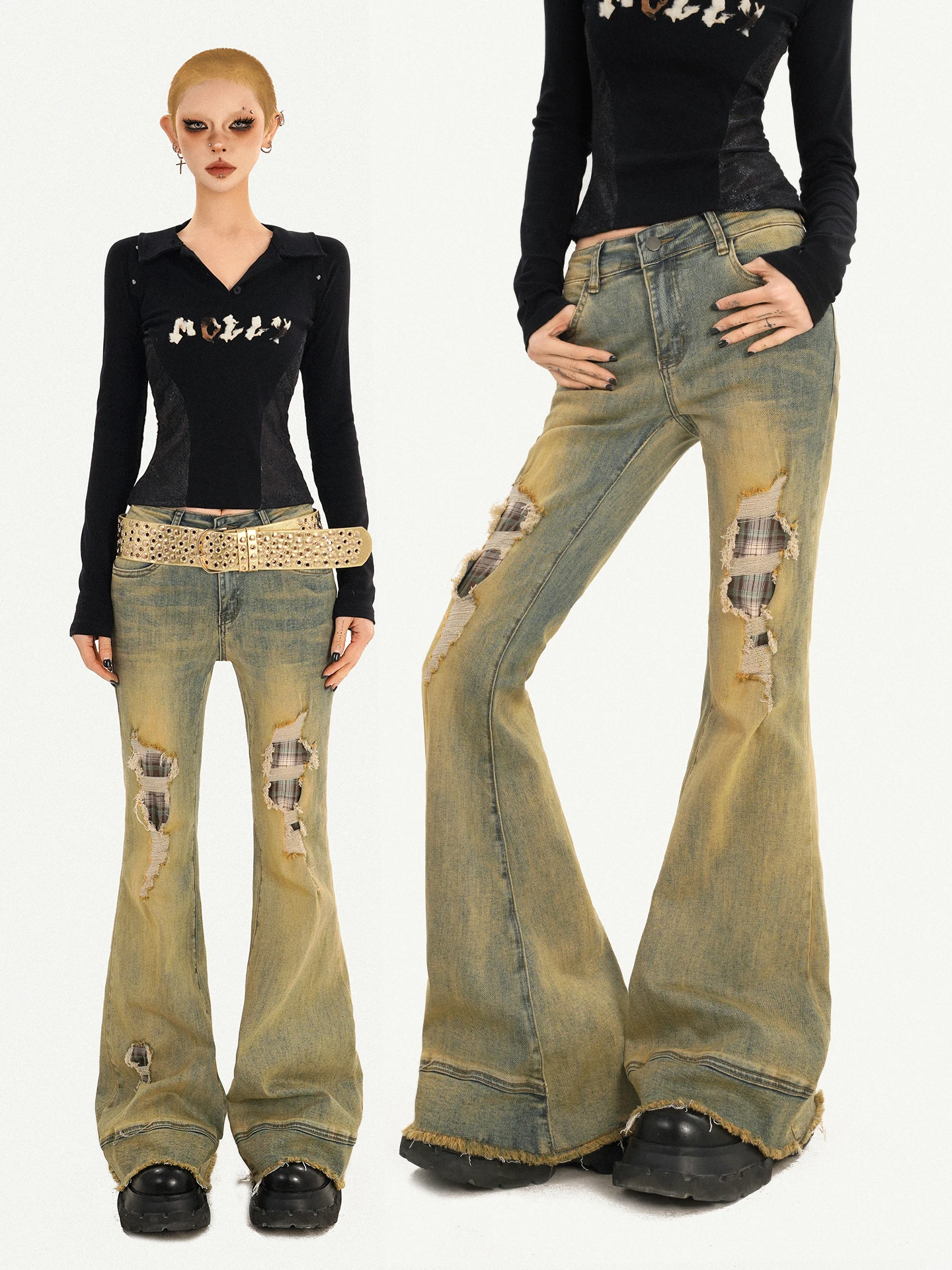 

Original NICO MOLLY Low Waist Bell Bot Denim Jeans Women's Patchwork Slimming Long Pants Vintage Sle Spring 2026