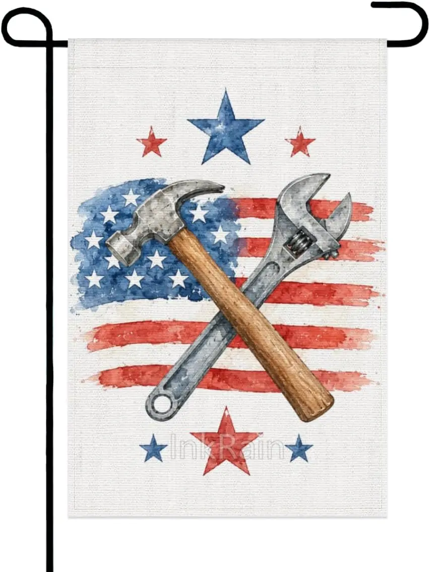 InkRain Labor Day Garden Flag 12x18 Inch Watercolor Hammer Wrench American Flag Patriotic Yard Flag for Home Decor PPZ