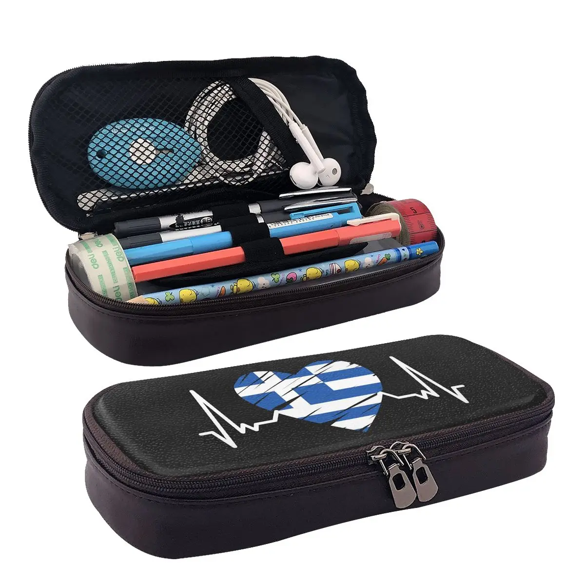 

Greece Flag (9) Leather Pencil Case for Students Gifts Pen Box Pencil Bag Stationery Supplies Pen Holder Bag