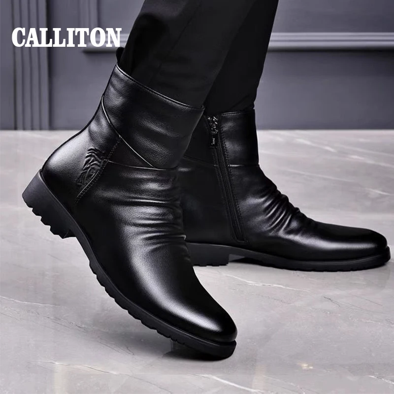 CALLITON Chelsea Boots Genuine Leather Winter Mens Shoes England Zipper Fashion Sneaker Antiskid Keep Warm Calfskin Shoes