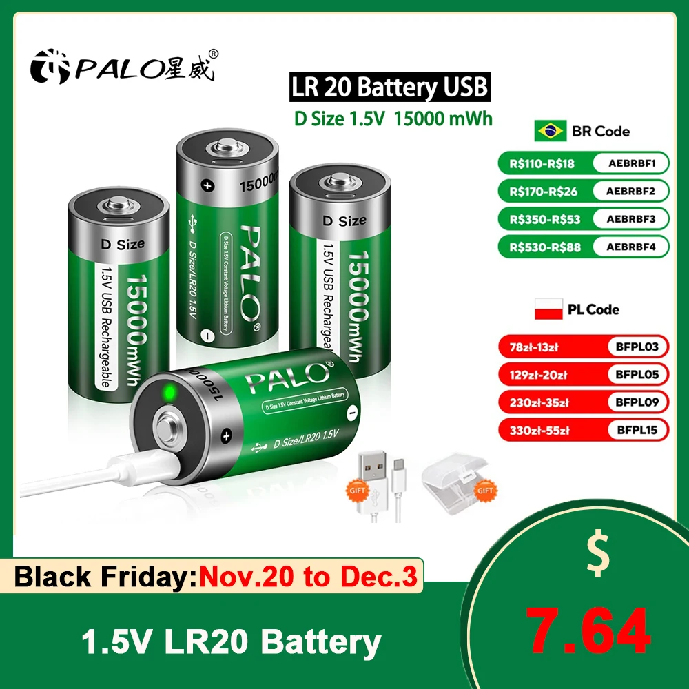 بطارية USB LR20 1.5 فولت قابلة لإعادة الشحن R20 15000 ميجاوات في الساعة D بطاريات من النوع + كابل من النوع C لأجهزة الغاز والطباخ المسال ليثيوم أيون