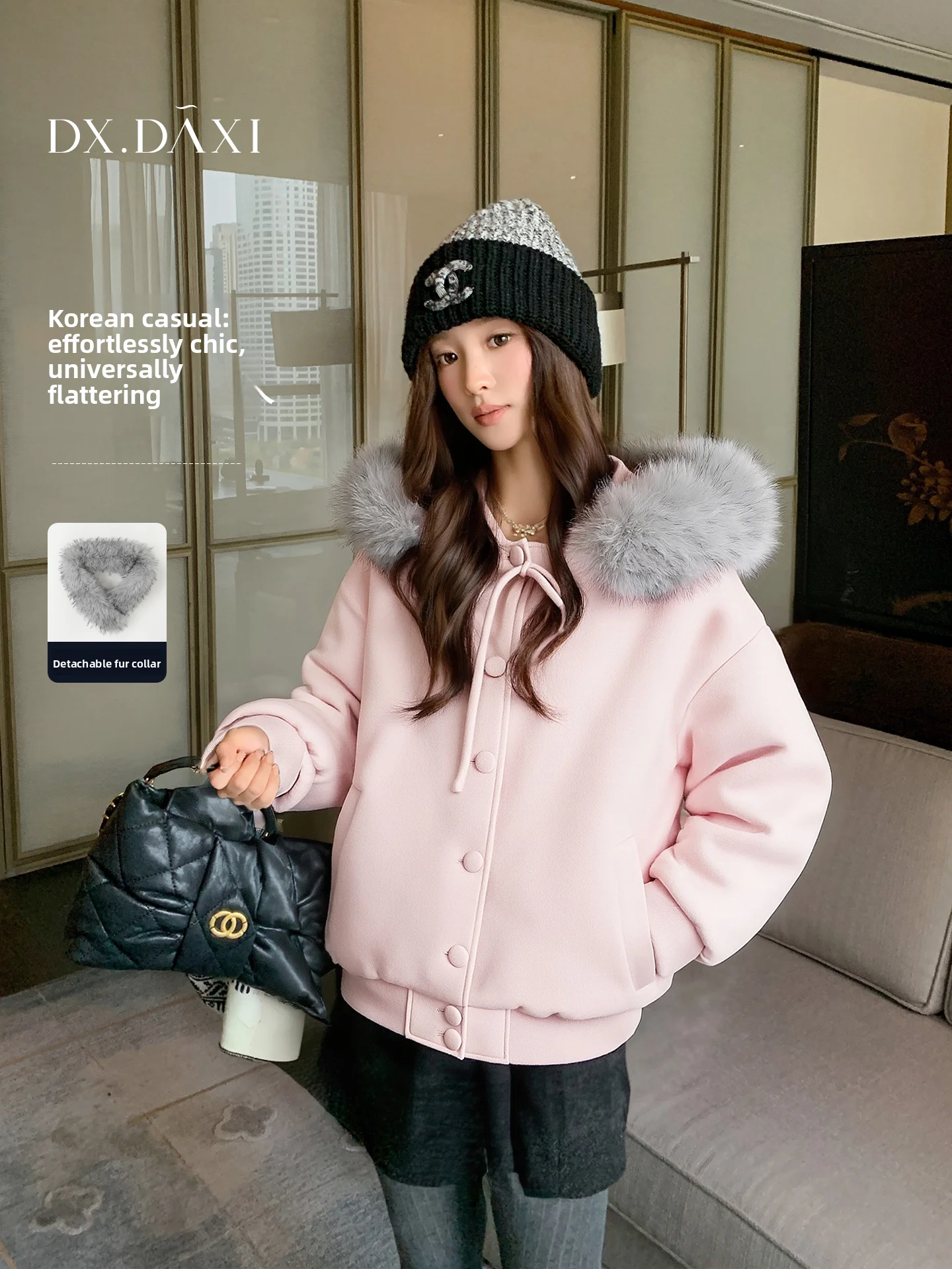 

Thiened Woolen Coat Women's Sweet Pink Fur Collar Knot Cotton Clothes Warm Winter Outerwear Korean Sle Straight...