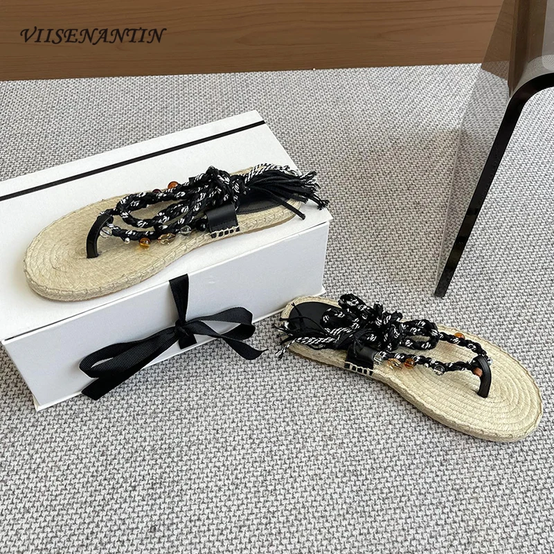 

Flip Flops Sandals Women High Quality Hemp Grass Weaving Flats Gladiator Shoes Females Lace Up Flats Fashion Leisure Beach Shoes