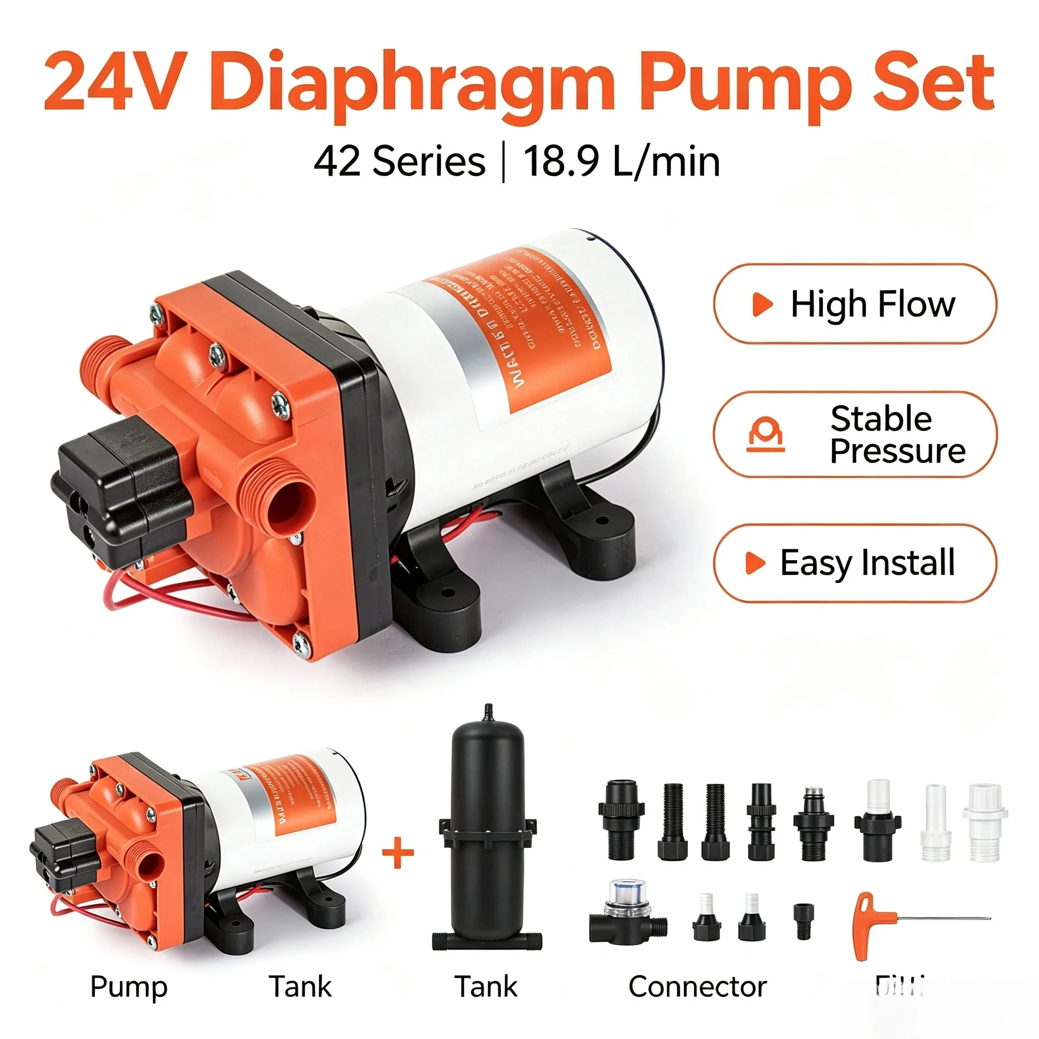 24V Long 42 Series 18.9LPM Diaphragm Pump Self Priming Optional 1L Tank For RV Farm Caravan Water Supply
