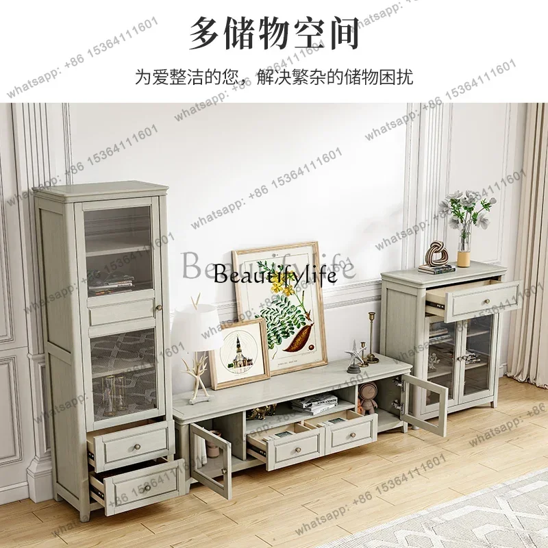 XX59American light luxury solid wood TV cabinet modern simple high and low floor cabinet small apartment gray furniture
