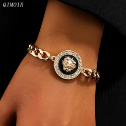 Metal Link Chain Lion Head Bracelet For Women Black Enamel New Holiday Accessories Wholesale Fashion Jewelry Vintage Gifts C1537