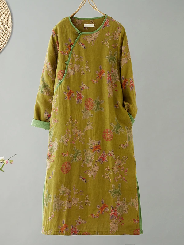 

High-End Women's Winter Chinese Sle National een Double Happin Cotton Linen Printed Asymmetrical Collar Cotton Padded ...