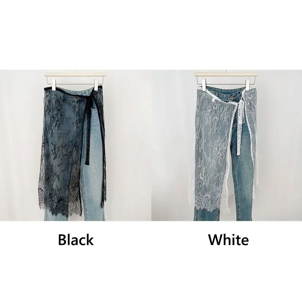 กระโปรงลูกไม้เอวสูงปักลายดอกไม้ กระโปรงลูกไม้โปร่งแสง กระโปรงเชือกผูกสไตล์ฮาราจูกุ Y2K สตรีทแวร์