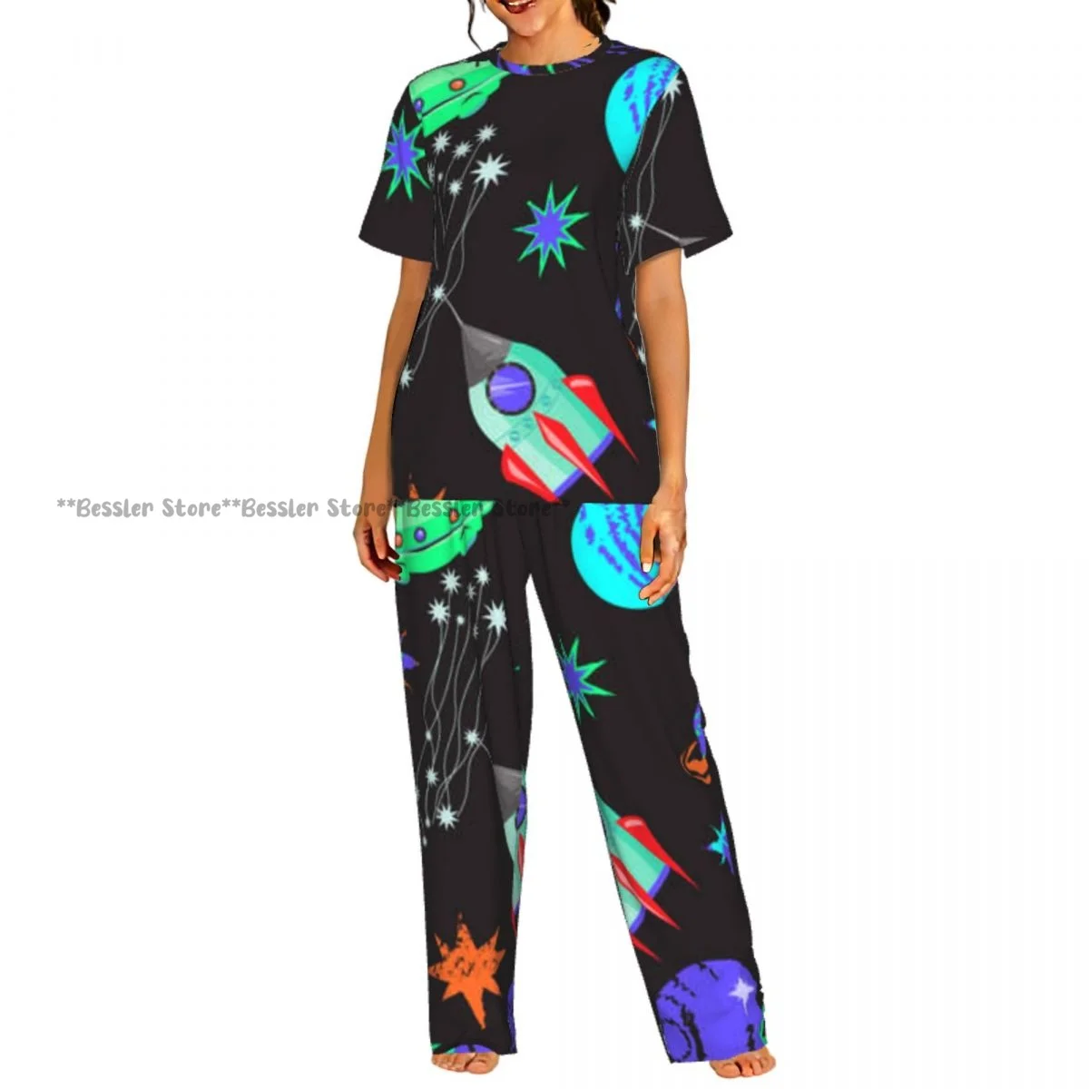 

Женский пижамный комплект с изображением космических инопланетян, космических кораблей и ракет, планет, звезд, с короткими рукавами, 2 предмета, домашняя одежда, одежда для отдыха